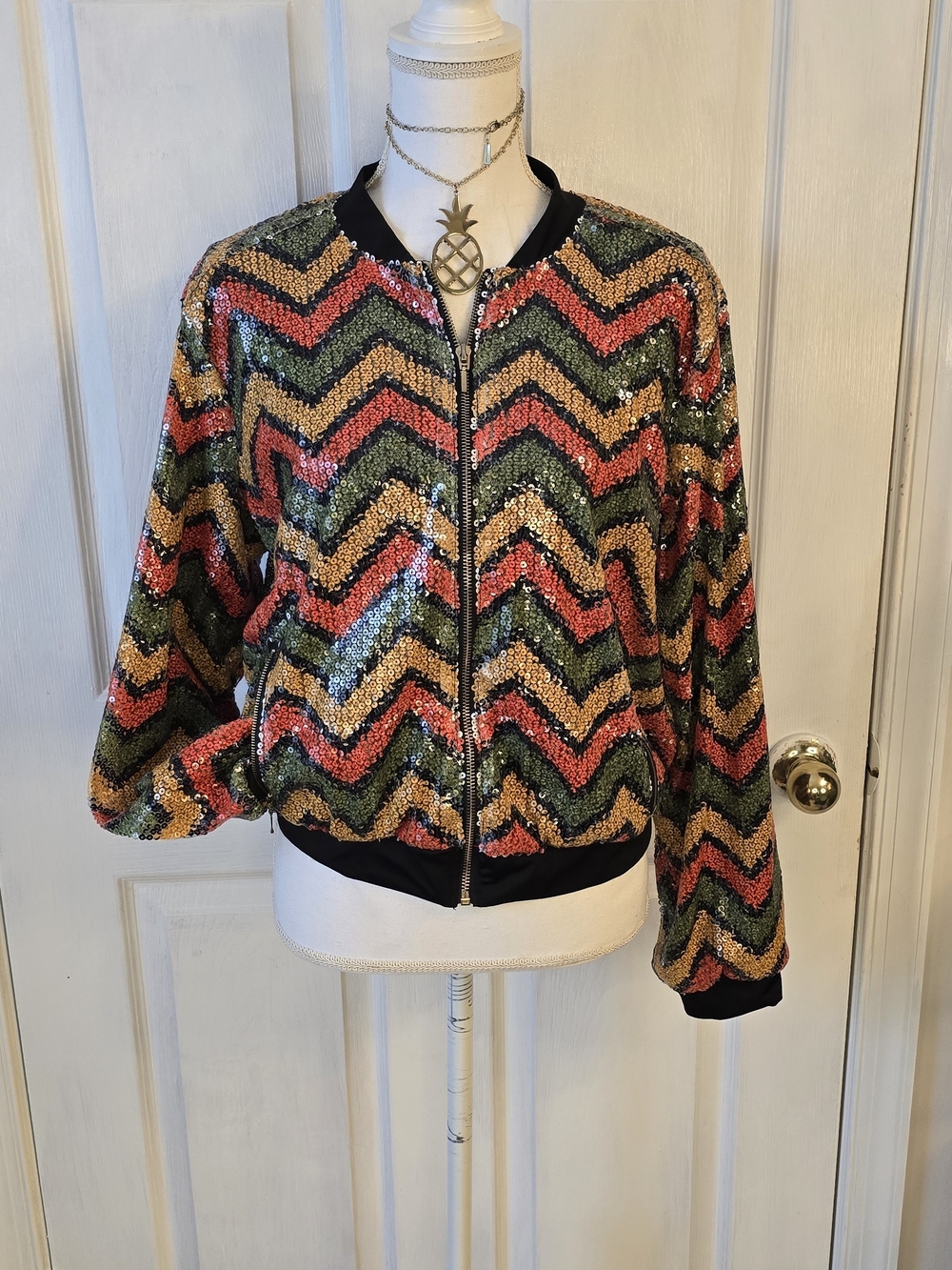 Ashley Stewart Womens 12 Mardi Gras Chevron Sequin Bomber Jacket